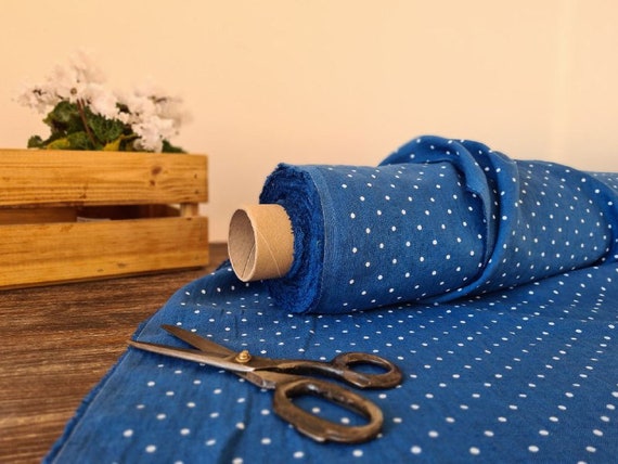Linen fabric royal blue with dots, Fabric by the yard or meter, Softened washed linen fabric