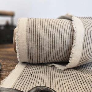 natural with brown stripe  linen blend fabric texture,  linen material for curtains and clothing, 145 cm wide (57 inches), medium weight, sold by length from 0.5 m or 0.5 yard