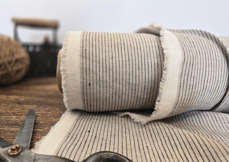 natural with brown stripe  linen blend fabric texture,  linen material for curtains and clothing, 145 cm wide (57 inches), medium weight, sold by length from 0.5 m or 0.5 yard