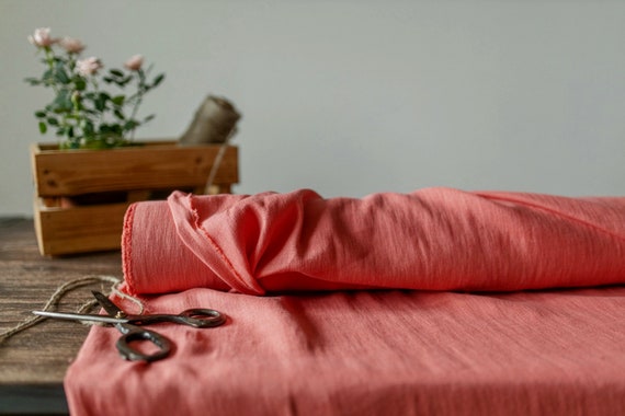 Linen fabric Coral pink, Washed softened flax fabrics, Fabric by the yard or meter