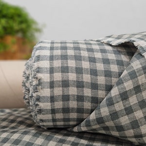 Linen fabric natural with green checks, Linen fabric by the yard or meter, Checked flax for sewing