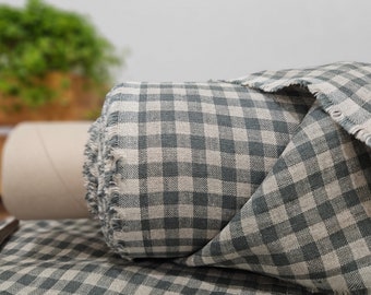 Linen fabric natural with green checks, Linen fabric by the yard or meter, Checked flax for sewing