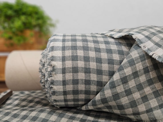 Linen fabric natural with green checks, Linen fabric by the yard or meter, Checked flax for sewing