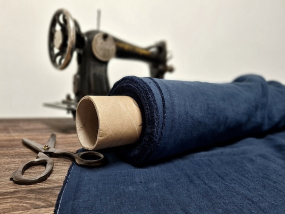 Linen fabric navy blue, Fabric by the yard or meter, Organic washed flax fabric