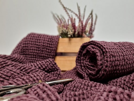 Waffle linen fabric aubergine purple, Fabric by the yard or meter, Washed softened flax fabric