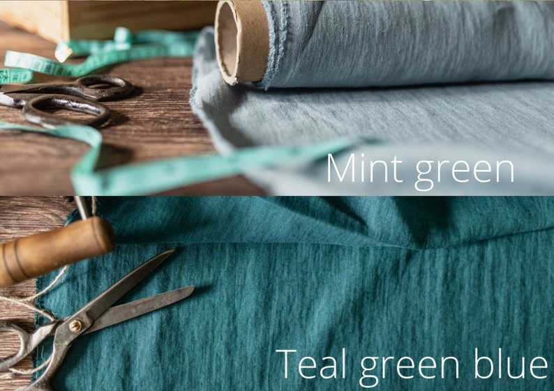 Linen fabric green tones, Fabric by the yard or meter, Softened washed flax fabric green shades zdjęcie 9