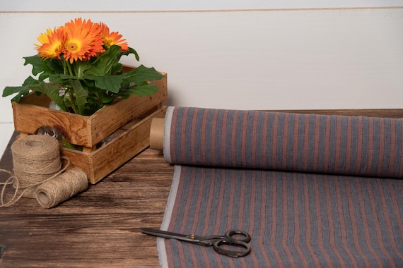 Blue with rust orange linen fabric, Natural fabric by the yard or meter, Washed flax sewing fabrics