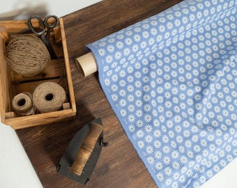 Light blue linen fabric with white daisy flower print by yard or meter medium weight 205 gsm 57 inch wide oeko tex