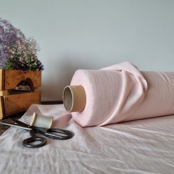 Pale pink linen fabric, Washed softened flax fabrics, Fabric by the yard or meter