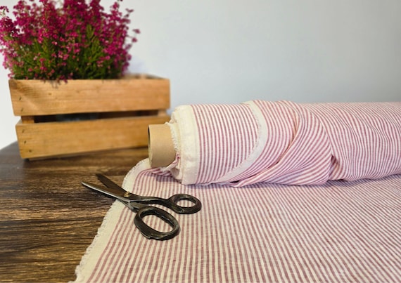 Linen fabric milk white with red stripes, Natural linen lightweight fabric by the yard, Washed  organic flax