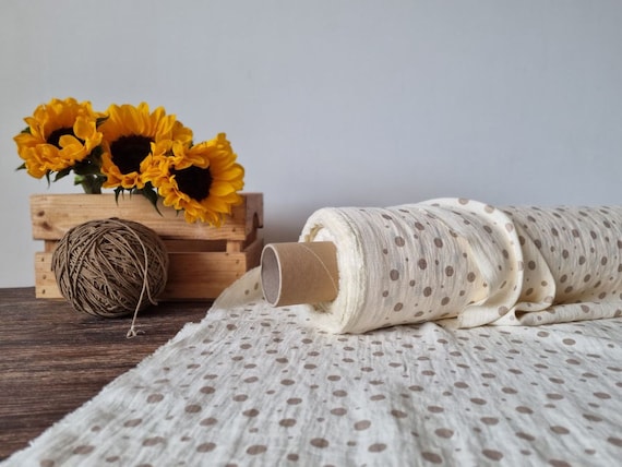 Linen fabric vanilla white with beige dots, Fabric by the yard or meter, Softened washed flax fabric
