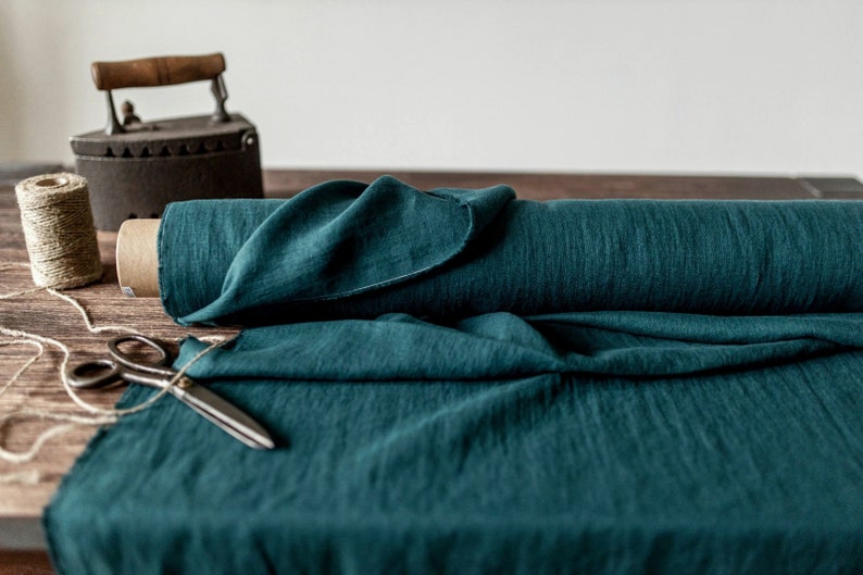 Teal blue green linen fabric, Emerald linen fabric, Fabric by the yard or meter image 3