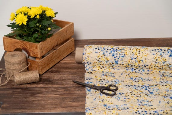 Blue and yellow floral printed blend linen fabric, Fabric by the yard or meter