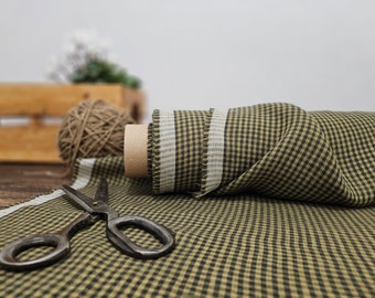 Linen fabric brown with dark grey checks, Linen fabric by the yard or meter, Checked flax for sewing