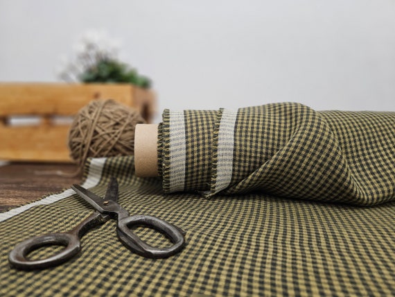 Linen fabric brown with dark grey checks, Linen fabric by the yard or meter, Checked flax for sewing