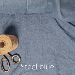 Linen fabric ocean blue, Washed softened flax fabrics, Fabric by the yard or meter Steel Blue