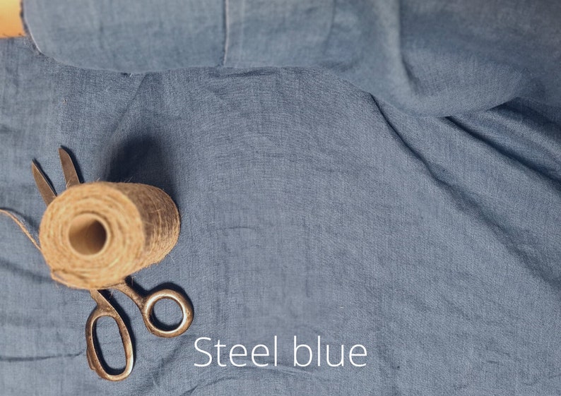 Linen fabric ocean blue, Washed softened flax fabrics, Fabric by the yard or meter Steel Blue