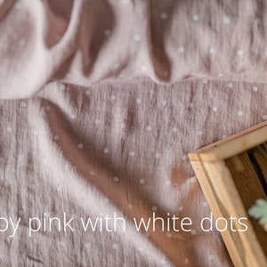 pastel pink with white dots linen fabric texture,  linen material for curtains and clothing, 145 cm wide (57 inches), medium weight, sold by length from 0.5 m or 0.5 yard