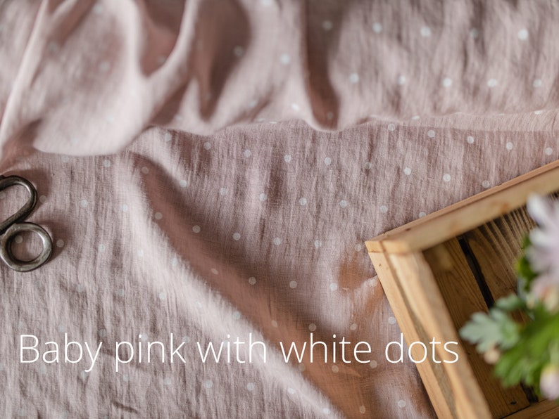 pastel pink with white dots linen fabric texture,  linen material for curtains and clothing, 145 cm wide (57 inches), medium weight, sold by length from 0.5 m or 0.5 yard