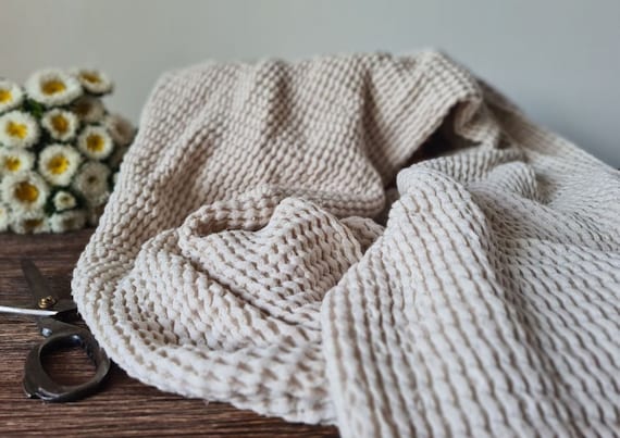 Waffle linen fabric cream white, Fabric by the yard or meter, Washed softened flax fabric