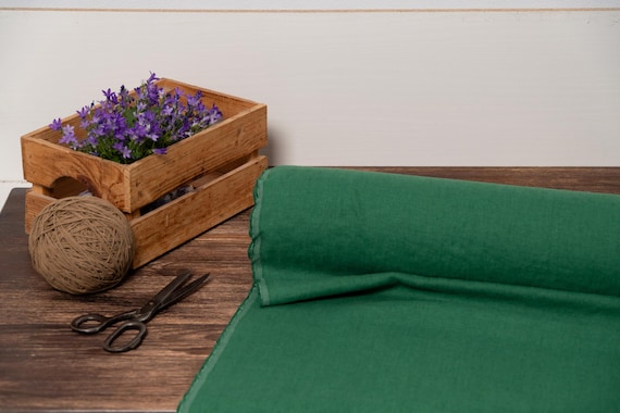 Linen fabric Emerald green, Fabric by the yard or meter, Organic washed flax fabric