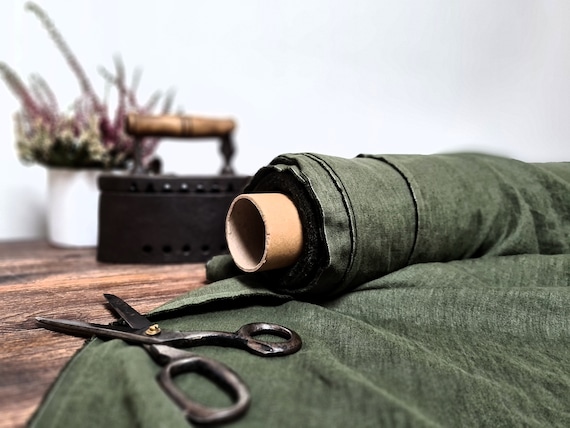 Khaki green linen fabric,  Army green flax fabric, Fabric by the yard or meter
