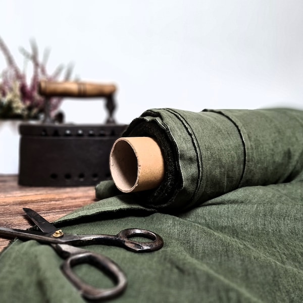 Khaki green linen fabric,  Army green flax fabric, Fabric by the yard or meter