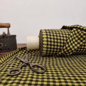 Linen fabric black with pear green checks, Linen fabric by the yard or meter, Checked flax for sewing