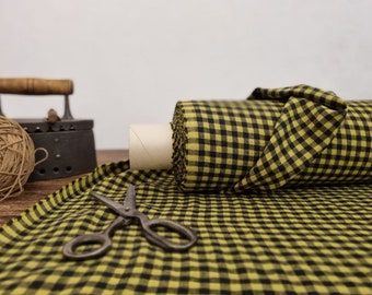 Linen fabric black with pear green checks, Linen fabric by the yard or meter, Checked flax for sewing