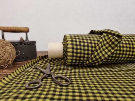 Linen fabric black with pear green checks, Linen fabric by the yard or meter, Checked flax for sewing