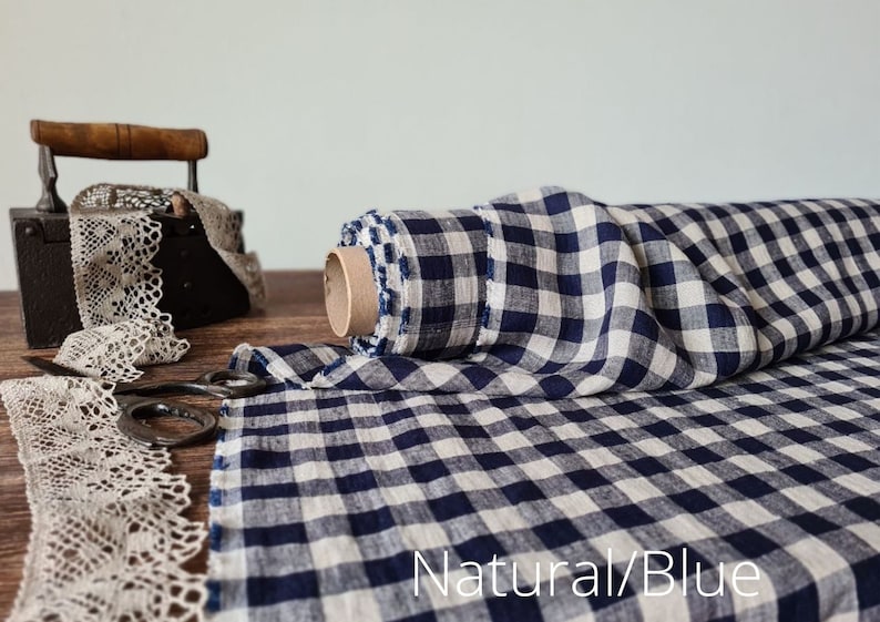 Linen fabric milk white with natural checks, Linen fabric by the yard or meter, Checked flax for sewing Natural/Blue