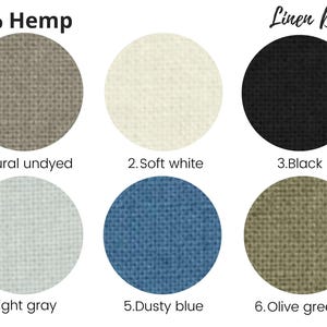 Pode incluir: Imagem mostrando seis amostras de tecido circulares. As cores são: Natural não tingido, Branco suave, Preto, Cinza claro, Azul empoeirado e Verde oliva. O texto "100% Hemp" e "Linen Dream" também está presente.