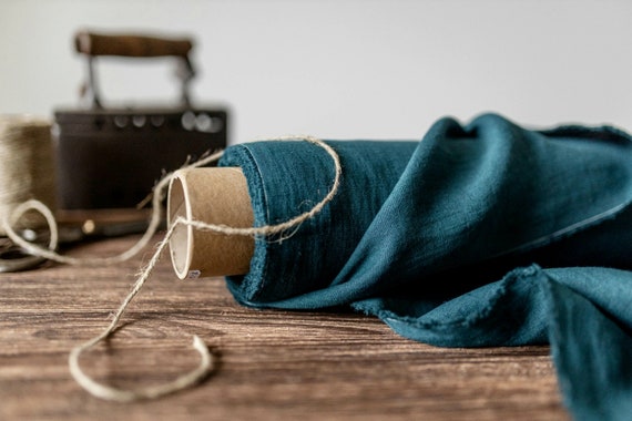 Teal blue green linen fabric, Emerald linen fabric, Fabric by the yard or meter