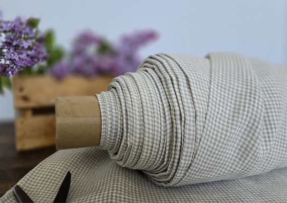 Linen fabric EXTRA WIDE milk white with natural undyed checks, Bedding and curtain linen fabric