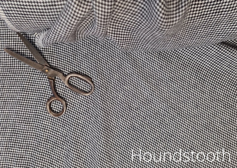 black with white houndstooth pattern linen fabric texture, natural woven linen material for curtains and clothing, 145 cm wide (57 inches), OEKO-TEX Standard 100 certified, medium weight, sold by length from 0.5 m or 0.5 yard