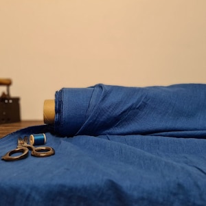 Linen fabric denim blue, Fabric by the yard, Organic washed flax fabric