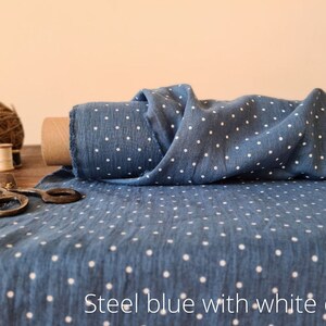 Linen fabric steel blue with dots, Fabric by the yard or meter, Softened washed linen fabric Steel Blue - dots