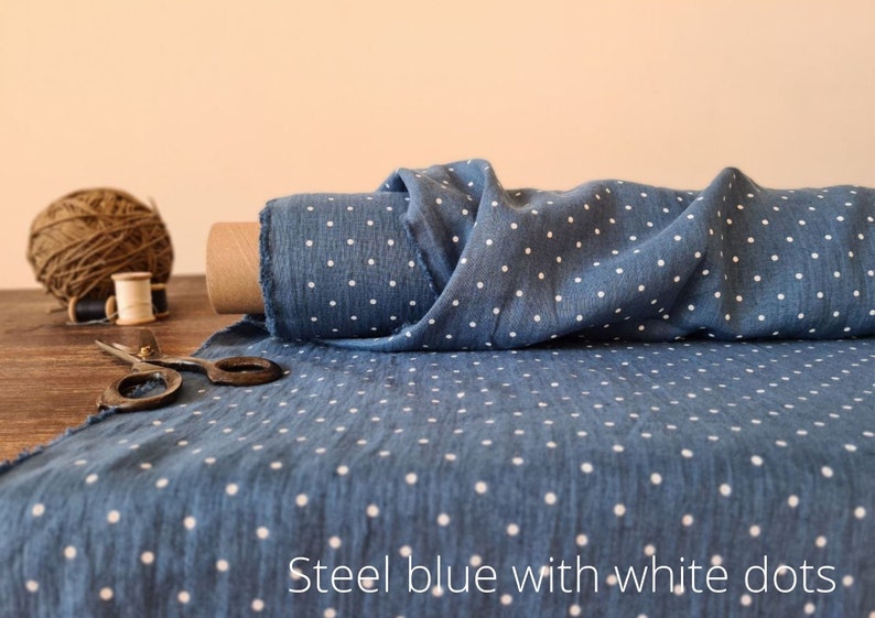 Linen fabric steel blue with dots, Fabric by the yard or meter, Softened washed linen fabric Steel Blue - dots