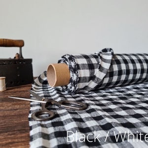 Linen fabric milk white with natural checks, Linen fabric by the yard or meter, Checked flax for sewing image 10