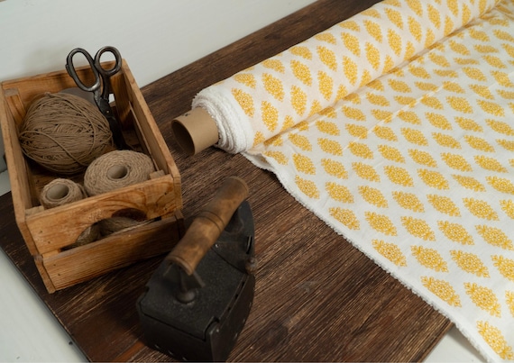 White linen fabric with yellow floral ornament print by yard or meter lightweight 3.5 oz linen 150 cm wide oeko tex