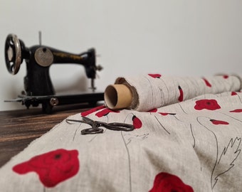 Linen fabric poppy printed, Natural floral fabric by the yard or meter, Washed floral flax sewing fabrics