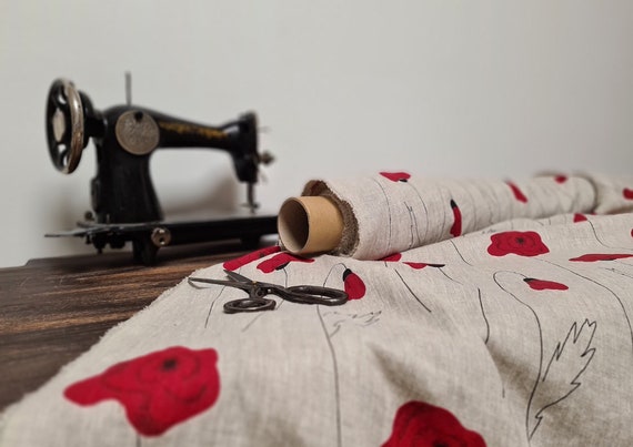 Linen fabric poppy printed, Natural floral fabric by the yard or meter, Washed floral flax sewing fabrics