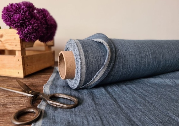 Linen fabric melange denim blue, Fabric by the yard or meter, Washed flax sewing fabrics