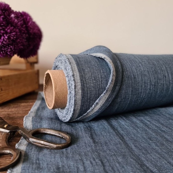 Tissu en lin mélange denim bleu, Tissu par cour ou mètre, Tissus à coudre en lin lavés