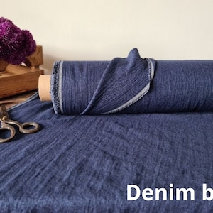 Denim blue linen fabric with wool, Fabric by the yard or meter, washed linen fabric Denim Blue
