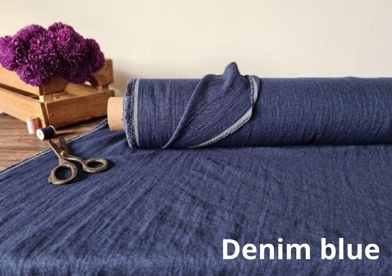 Denim blue linen fabric with wool, Fabric by the yard or meter, washed linen fabric Denim Blue
