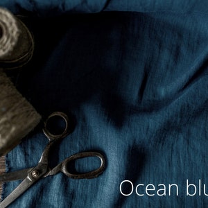 Linen fabric ocean blue, Washed softened flax fabrics, Fabric by the yard or meter Ocean Blue