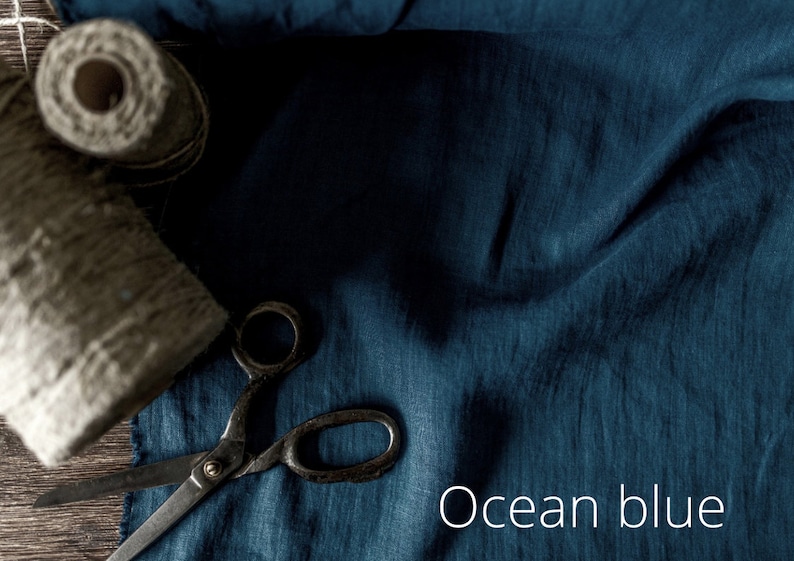 Linen fabric ocean blue, Washed softened flax fabrics, Fabric by the yard or meter Ocean Blue