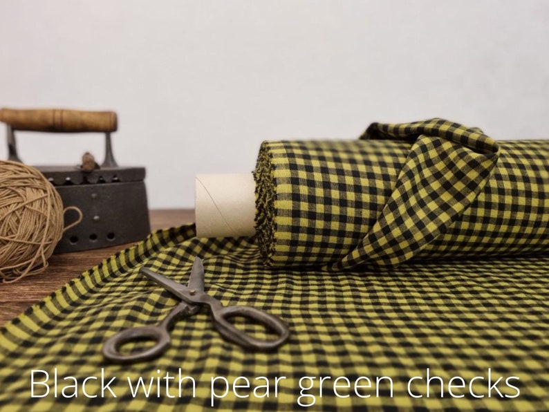 Linen fabric black with sand beige checks, Linen fabric by the yard or meter, Checked flax for sewing Pear Green / Black