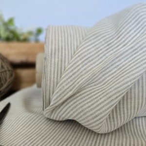 Linen fabric EXTRA WIDE milk white with natural undyed striped, Bedding and curtain linen fabric